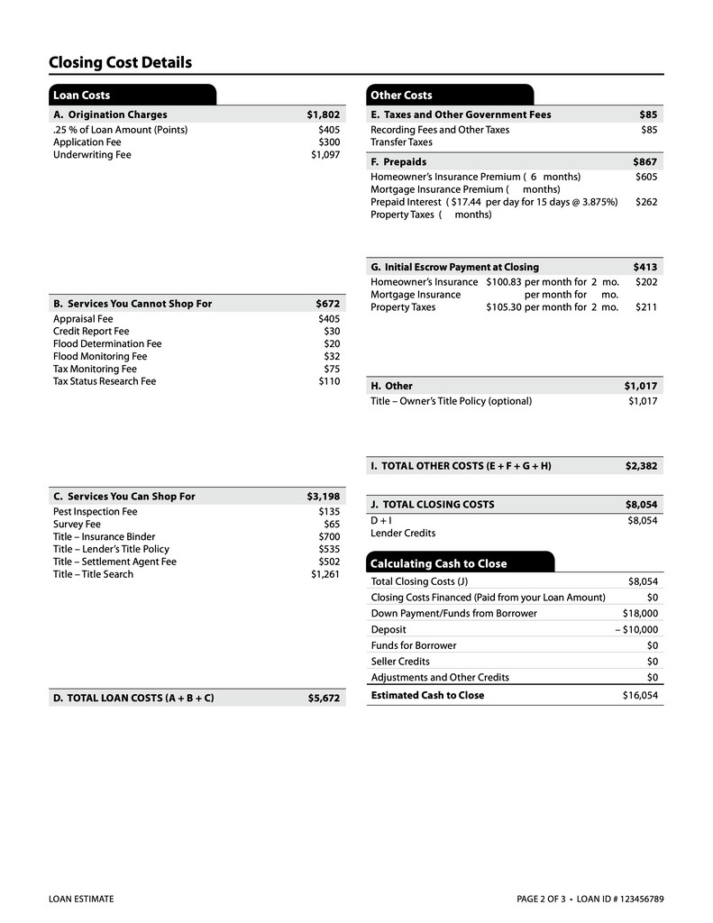 Sample loan estimate page 2.